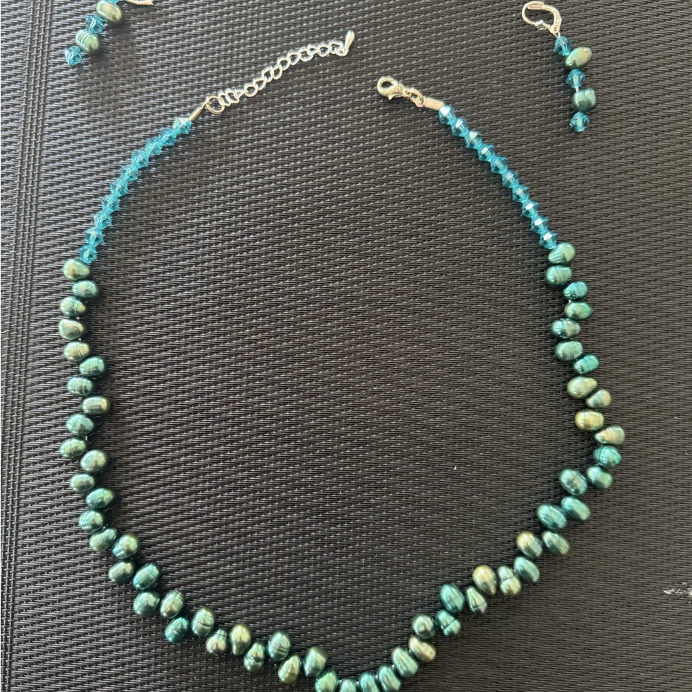 Elegant Blue and Green Potato Pearl Necklace Set